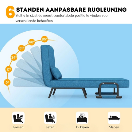 Costway 4-in-1 Uitklapbare Slaapstoel Belastbaar Tot 150 kg Blauw - Inklapbare Slaapbank Met 6 Standen Verstelbare Rugleuning - Modern Design Logeerbed - Slaapfauteuil