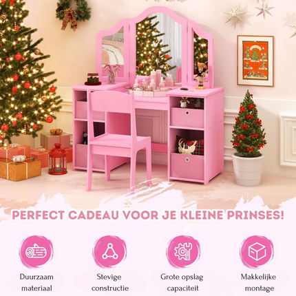 Costway 2 in 1 Kaptafel kind met Stoel En 3 Spiegels 104 x 40 x 117 cm Roze - Set voor Kinderen - Make-Up Tafel - Opmaaktafel