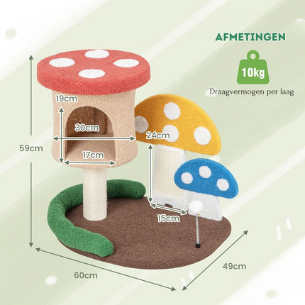 Krabpaal voor katten Paddenstoellook 60 x 49 x 59 cm - Kattenboom met Kattenmand - Sisal Krabplank en Speelbal