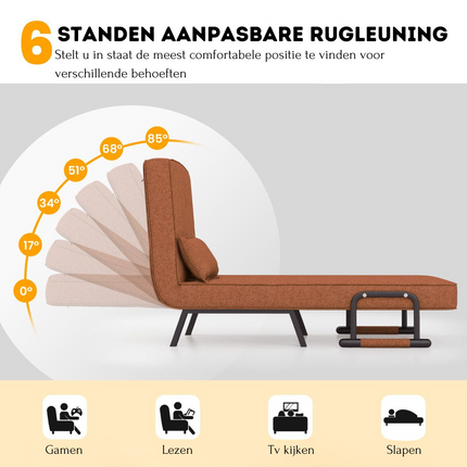 Costway 4-in-1 Uitklapbare Slaapstoel Belastbaar Tot 150 kg Bruin/Koffie - Inklapbare Slaapbank Met 6 Standen Verstelbare Rugleuning - Modern Design Logeerbed - Slaapfauteuil