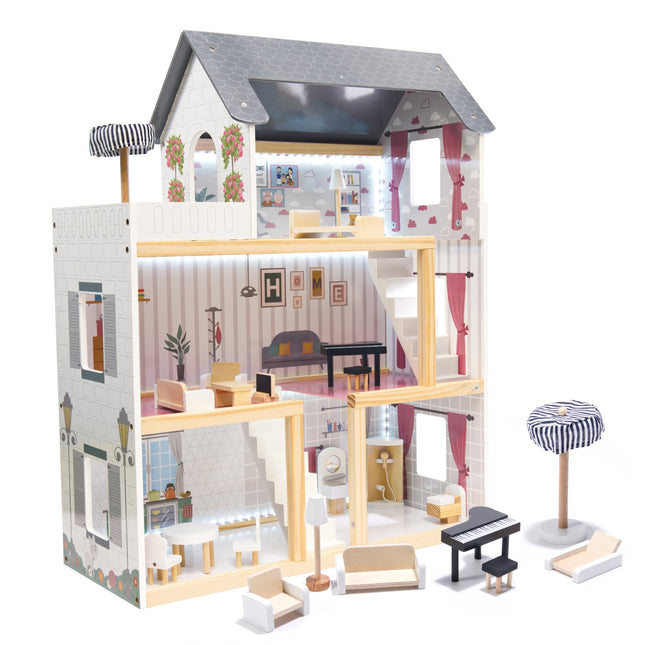 2de kansje Zeer luxe grote houten poppenhuis/ speelhuis met meubels 78 cm