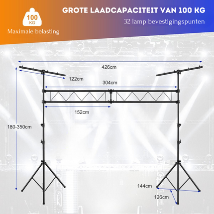 Costway LED Lichtstatief Voor 32 Lampen - Verstelbare Hoogte 180-350 cm - Draagbaar T Bar - Podium Verlichting  - Zwart