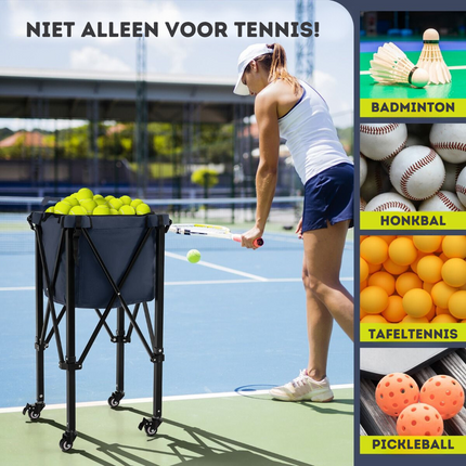 Trendmix Verrijdbare Aluminium Ballenmand Draagbaar Met 4 Wielen - Tot 150 Tennisballen - Inklapbaar En Lichtgewicht - Ballenkar trolley -  Met Zijvak en Draagtas - Blauw