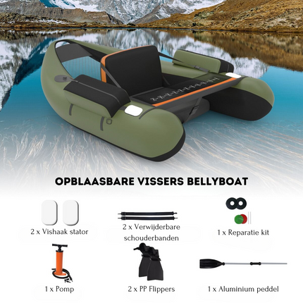 Costway Opblaasbare Lichtgewicht Belly Boat Groen 136 x 105 x 53 cm - Bellyboat 160 kg Draagvermogen - Inclusief Peddel en Flippers