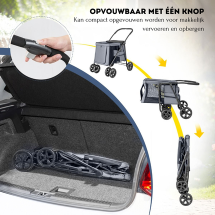 Costway Opvouwbare XL Hondenbuggy Met Ademend Gaas En Opbergvakken - Voor Honden En Katten Tot 40 kg - 106 x 63 x 103 cm Grijs