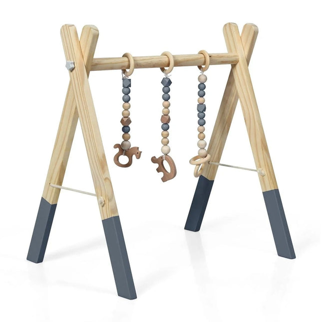 2de kansje Trendmix Houten Babygym met 3 hangers - Babyspeeltoestel 60 x 44 x 60 cm - Activiteitencentrum vanaf 3 maanden - Naturel Hout Grijs