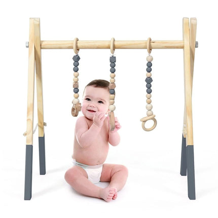 2de kansje Trendmix Houten Babygym met 3 hangers - Babyspeeltoestel 60 x 44 x 60 cm - Activiteitencentrum vanaf 3 maanden - Naturel Hout Grijs