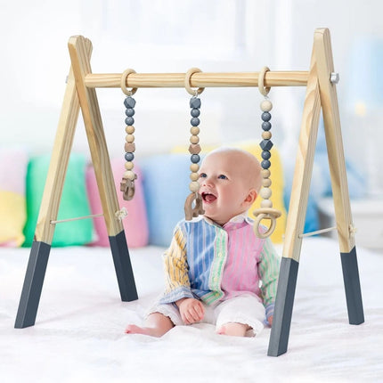 2de kansje Trendmix Houten Babygym met 3 hangers - Babyspeeltoestel 60 x 44 x 60 cm - Activiteitencentrum vanaf 3 maanden - Naturel Hout Grijs