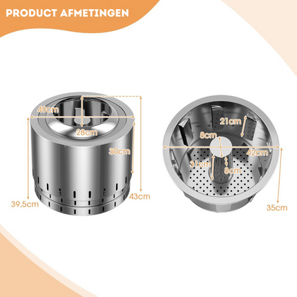 Costway XL RVS Rookvrije Vuurkorf 49 cm - Zuurstofrijke Rookloze Vuurtechnologie - Met Beschermhoes - Roestvrij Staal