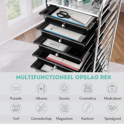 Trendmix Metalen Opbergrek Met 10 Lades - Roterende Wielen - Kapperstrolly - Kantoor Organizer - Gereedschapsrek - Zwart PP-Laden - 32,5 x 37 x 86 cm