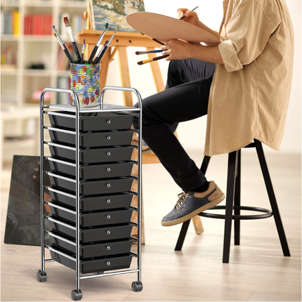 Trendmix Metalen Opbergrek Met 10 Lades - Roterende Wielen - Kapperstrolly - Kantoor Organizer - Gereedschapsrek - Zwart PP-Laden - 32,5 x 37 x 86 cm