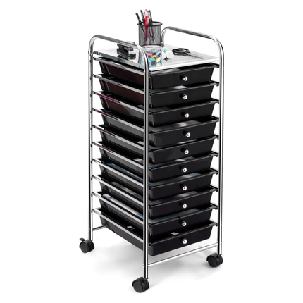 Trendmix Metalen Opbergrek Met 10 Lades - Roterende Wielen - Kapperstrolly - Kantoor Organizer - Gereedschapsrek - Zwart PP-Laden - 32,5 x 37 x 86 cm