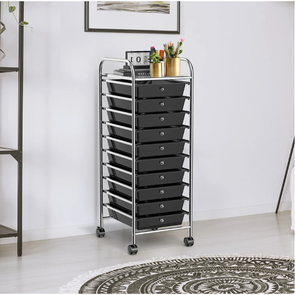 Trendmix Metalen Opbergrek Met 10 Lades - Roterende Wielen - Kapperstrolly - Kantoor Organizer - Gereedschapsrek - Zwart PP-Laden - 32,5 x 37 x 86 cm