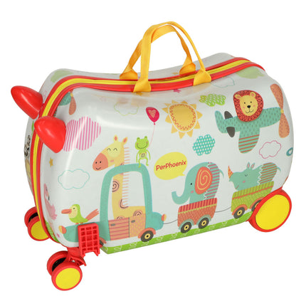 PerPhoenix Ride On Reiskoffer Kinderen Dierentuin Motief 45 cm x 31,5 cm x 22 cm - Zoo Design Handbagage op Wielen - Maximaal 20 kg Belasting