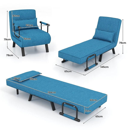 Costway 4-in-1 Uitklapbare Slaapstoel Belastbaar Tot 150 kg Blauw - Inklapbare Slaapbank Met 6 Standen Verstelbare Rugleuning - Modern Design Logeerbed - Slaapfauteuil