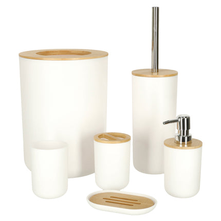 Luxe 6-delige bamboe badkamer set / toiletset wit - zeepdispenser - tandenborstelhouder - toiletborstel - prullenbak zeepbakje - opberg beker