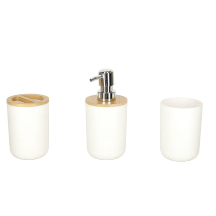 Luxe 6-delige bamboe badkamer set / toiletset wit - zeepdispenser - tandenborstelhouder - toiletborstel - prullenbak zeepbakje - opberg beker