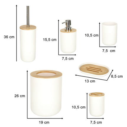 Luxe 6-delige bamboe badkamer set / toiletset wit - zeepdispenser - tandenborstelhouder - toiletborstel - prullenbak zeepbakje - opberg beker