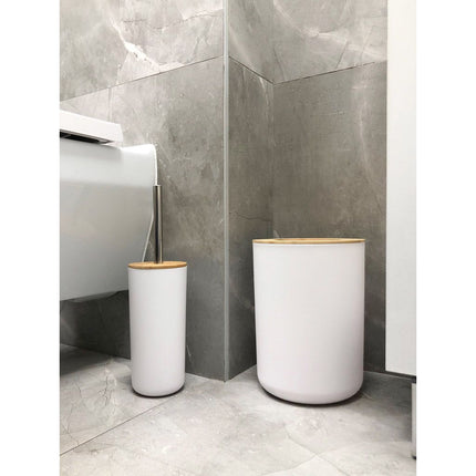 Luxe 6-delige bamboe badkamer set / toiletset wit - zeepdispenser - tandenborstelhouder - toiletborstel - prullenbak zeepbakje - opberg beker