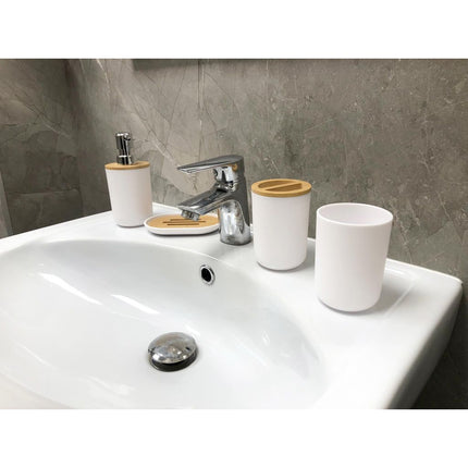 Luxe 6-delige bamboe badkamer set / toiletset wit - zeepdispenser - tandenborstelhouder - toiletborstel - prullenbak zeepbakje - opberg beker