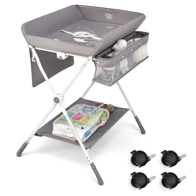 Baby Joy 4 in 1 Inklapbare Babycommode Met Wielen In Hoogte Verstelbaar - Luiertafel Met Veiligheidsgordel En Opbergvakken - Grijs