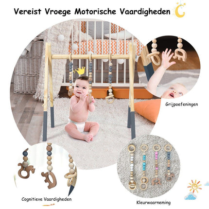 2de kansje Trendmix Houten Babygym met 3 hangers - Babyspeeltoestel 60 x 44 x 60 cm - Activiteitencentrum vanaf 3 maanden - Naturel Hout Grijs