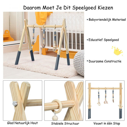 2de kansje Trendmix Houten Babygym met 3 hangers - Babyspeeltoestel 60 x 44 x 60 cm - Activiteitencentrum vanaf 3 maanden - Naturel Hout Grijs