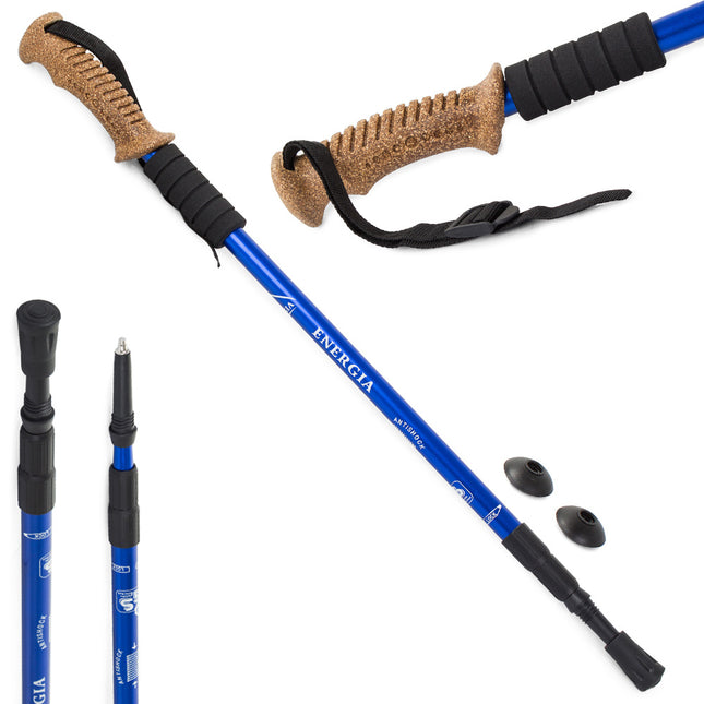 Energia nordic walking wandelstokken set van 2 - handvat van kurk - 65 cm tot 135 cm blauw