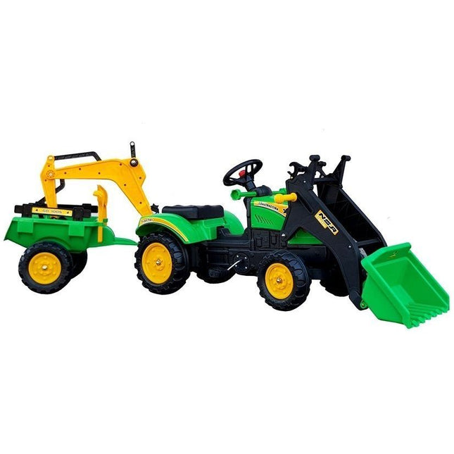 Grote branson 3-in-1 Traptractor - Tractor - Speelgoedtractor - Bulldozer - Met Frontlader en Graafmachine Inclusief Aanhanger - Trailer Groen