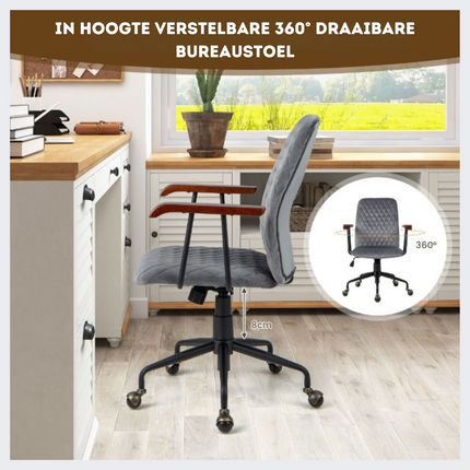 Costway Fluwelen Vintage Bureaustoel Met Kantelbare Rugleuning - 150 kg Draagvermogen - Ergonomische Verstelbare Draaibare Thuiskantoor Stoel - Grijs