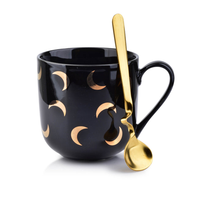 Affekdesign Lola Moon porseleinen mok met gouden maan patroon en lepel 480ml zwart