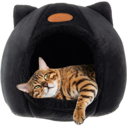 Purlov Luxe kattenmand voor de Kat  - Pluche Kattenbed - Luxe Kattenhuisje - Kat Slaapplek - Zachte Kattenmand - Huisdier Meubels - Zwart