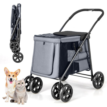 Costway Opvouwbare XL Hondenbuggy Met Ademend Gaas En Opbergvakken - Voor Honden En Katten Tot 40 kg - 106 x 63 x 103 cm Grijs