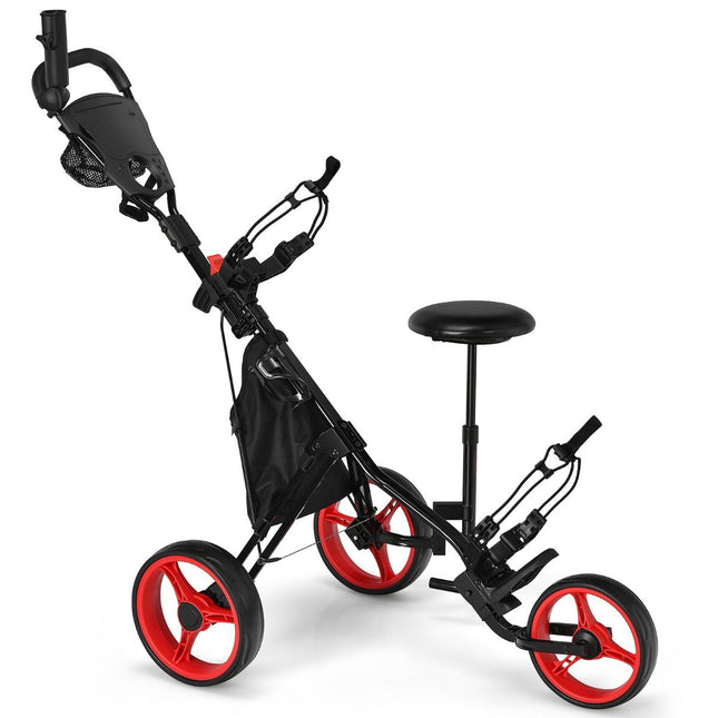 Costway Golf trolley Met 3 Wielen Verstelbaar Lichtgewicht - Golfwagen Met Parapluhouder, Zitje En Opbergtas Rood/Zwart 130 x 75 x 98,5-115,5 cm