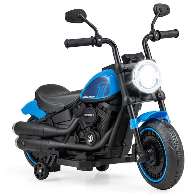 Costway Elektrische Motorfiets Chopper voor Kinderen 6V 1,5-2,5 km/u Blauw - Zijwieltjes - LED Koplampen - Banden met Schroefdraad - Accuvoertuig