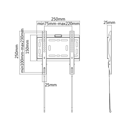 Cabletech Universele Televisie Muurbeugel voor LED LCD TV van 23 tot 42 Inch - Afstand tot de muur 25mm - Max Belastbaar Gewicht 50 kg