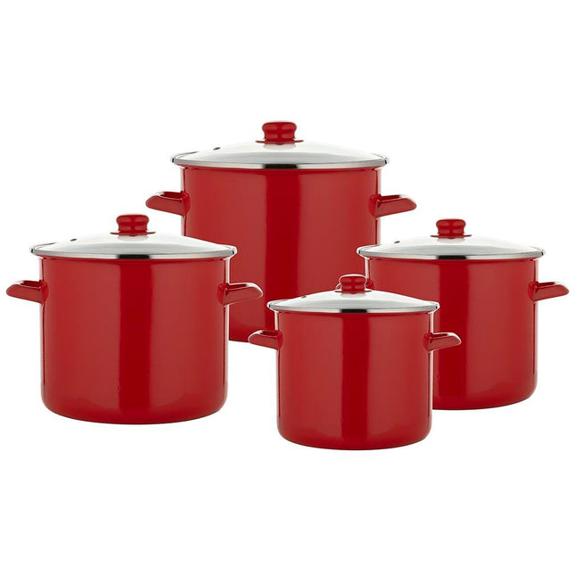 Emalia 8-delige Geëmailleerde Pannenset Rood Inclusief Deksel - 7 Liter, 9 Liter, 11 Liter, 13,5 Liter