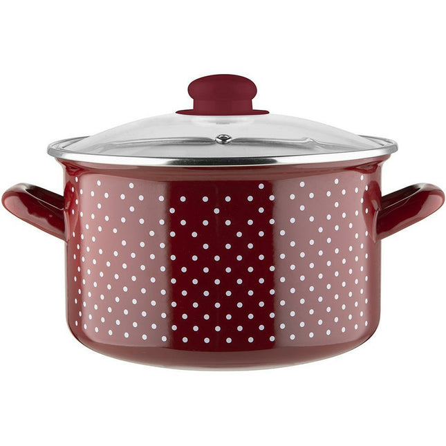 Emalia ''Retro Red'' klassieke geëmailleerde kookpan met glazen deksel 20 cm 4.1L rood / wit