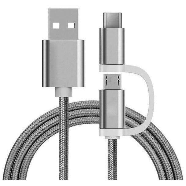 Reekin 2 in 1 oplaadkabel (USB Micro, USB Type-C) 1 Meter (Zilver-Nylon)