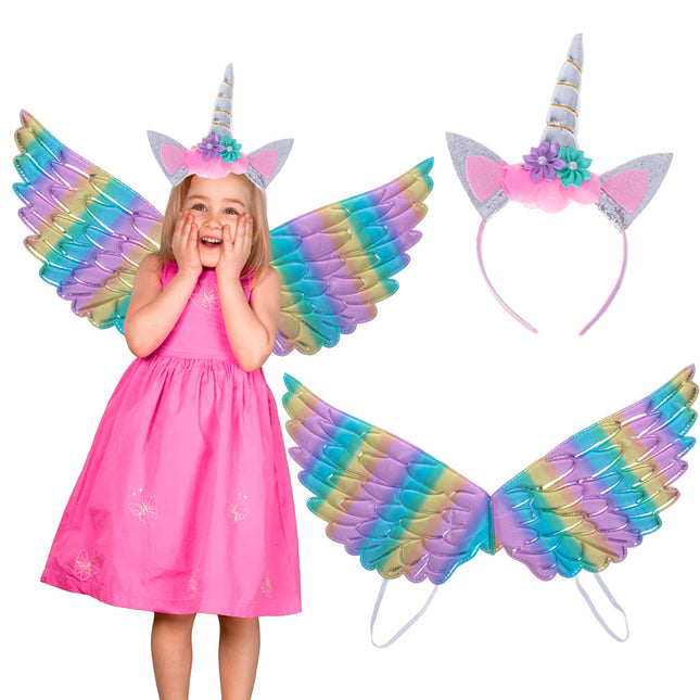 Kinder verkleedset / carnaval outfit unicorn met regenboog vleugels