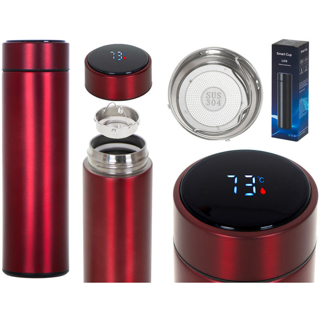 Thermosbeker en thermosfles met LED graden display en thee / koffie zeef 500 ml rood