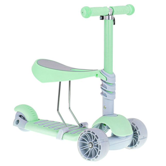 Balans 3 in 1 step met zitje - driewieler - skateboard met lichtgevende wielen tot 20kg mint groen