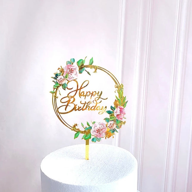 Cake topper happy birthday rond met bloemen paars RO-03