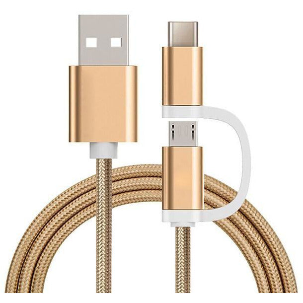 Reekin 2 in 1 oplaadkabel (USB Micro, USB Type-C) 1 Meter (Goud-Nylon)