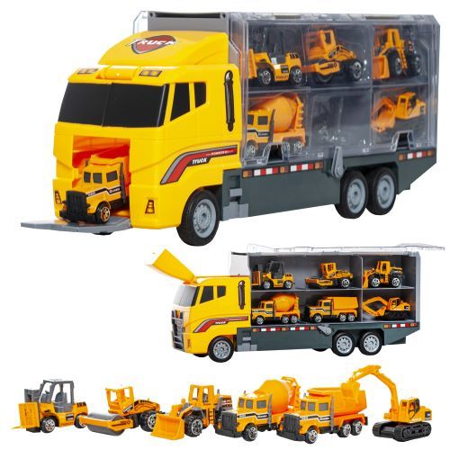 Speelgoed vrachtwagen met heftruck, wals, bulldozer, cement wagen 36 x 15 x 9.5 cm geel