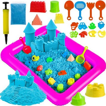 Kinetisch zand met opblaasbare bak - Met 18 accessoires en 1 kg blauw zand