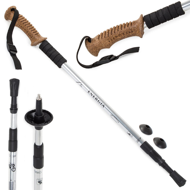 Energia nordic walking wandelstokken set van 2 - handvat van kurk - 65 cm tot 135 cm zilver