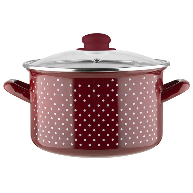 Emalia ''Retro Red'' klassieke geëmailleerde kookpan met glazen deksel 22 cm 5.3L rood / wit