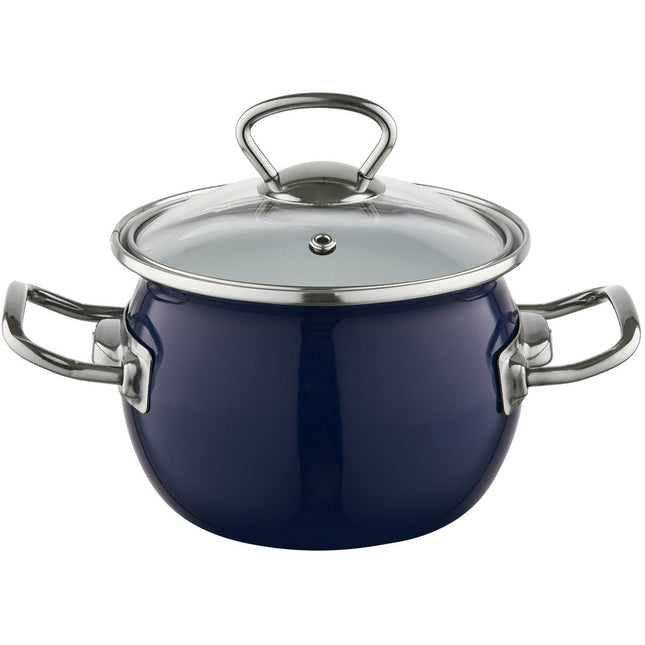 Emalia Berry 16 cm 1.5L retro geëmailleerde exclusieve kookpan met glazen deksel marineblauw