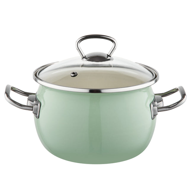 Emalia Berry 18 cm 2.5L retro geëmailleerde exclusieve kookpan met glazen deksel mint groen